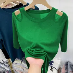 Hollowed Out Off Shoulder All-match Knitted T-Shirt Summer Short Sleeve Pullover Tees Korean Fashion Vintage Women Casual Tops