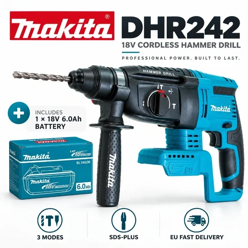 Makita DHR242 18V LXT Professioneller Akku-Bohrhammer, bürstenloser SDS-Plus 24mm Beton, 4700 IPM 2,0J 3 Arbeitsmodi, kompatibel mit BL1860B BL1850B BL1815, EU-Lager Schneller Versand