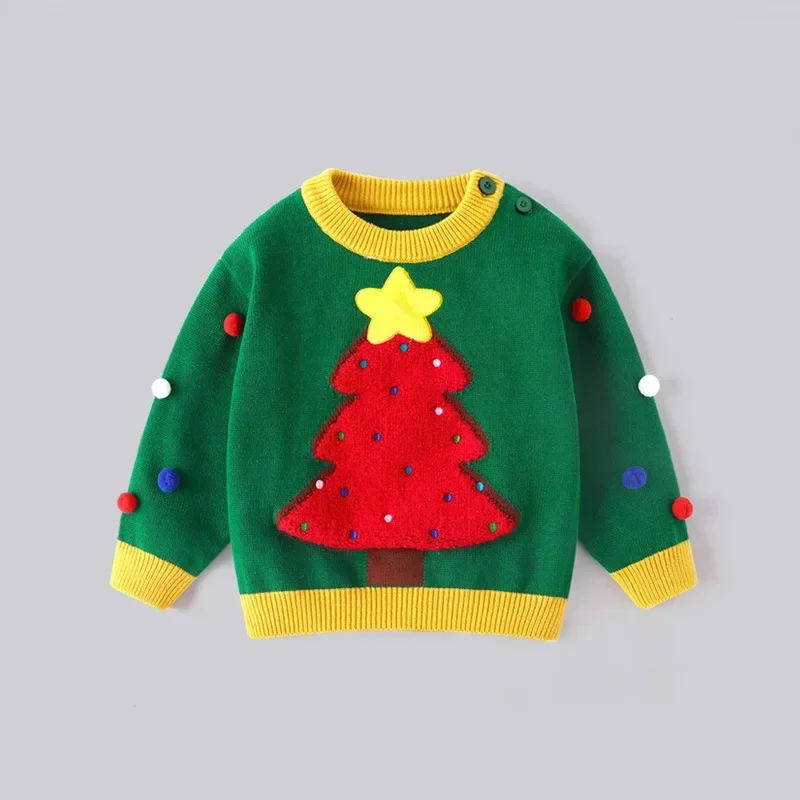 2024 Children\'s Sweater Red Pullover Christmas Kids Korean Festival Knitwear Matching Girls Cute Fur Ball Round Neck Costume