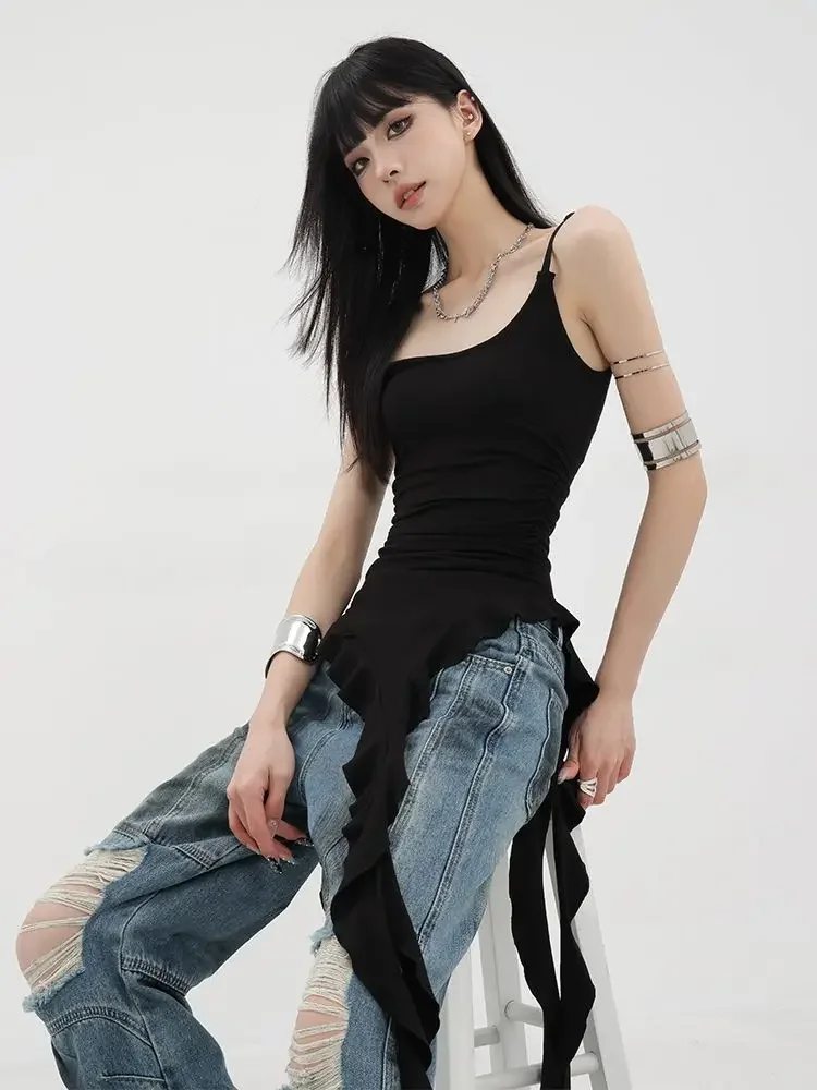 Deeptown Asymmetrical Black Ruffle Tank Tops Women Y2k Grunge Hotsweet Sexy Elegant Backless Camisoles Korean Streetwear Punk