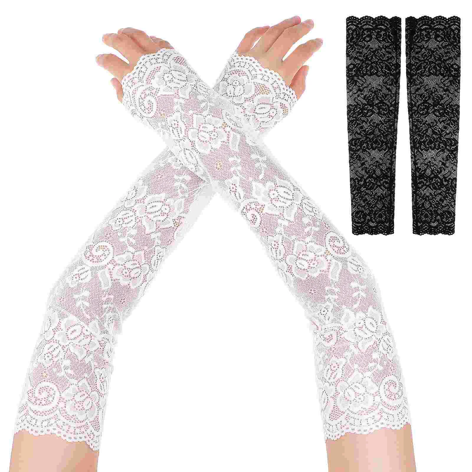 

2 Pairs Lace Arm Cuffs Women Glove Protection Sleeves for Thin Skin Detachable Fingerless Gloves Bride Long