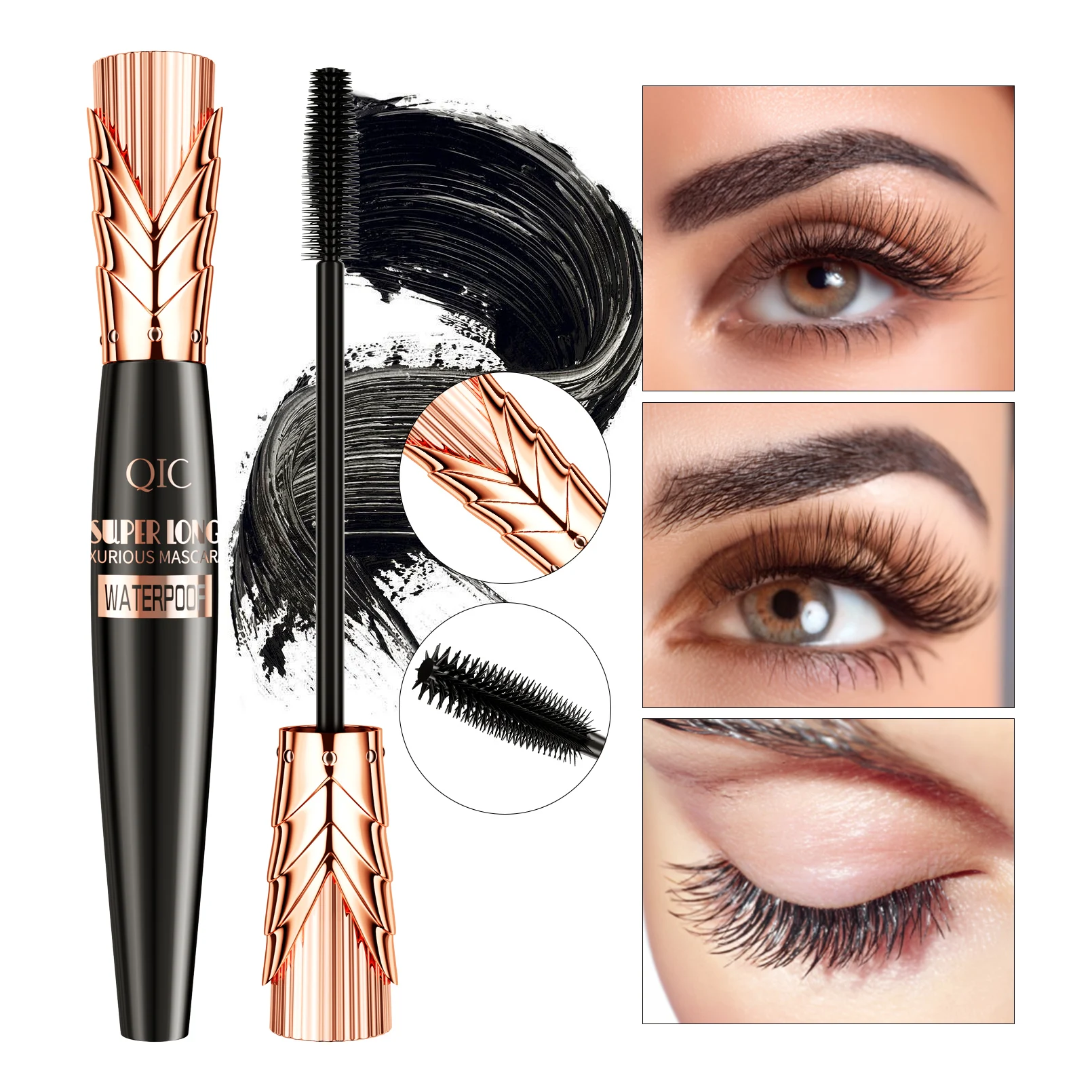 QIC Mascara 4D impermeabile Spessa lunga a prova di sbavature Carnoso crittografato Arricciatura a lunga durata Strumenti per il trucco degli occhi grandi