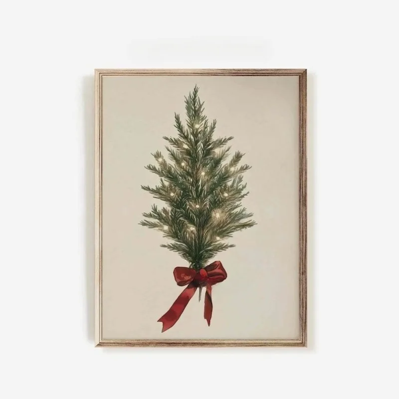 طباعة شجرة عيد الميلاد خمر، يطبع جدار الفن عيد الميلاد، طباعة نباتية موودي الشتاء، ديكور جدار عطلة، طباعة شجرة دائمة الخضرة #1