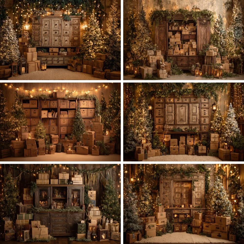 

Photography Background Vintage Christmas Cupboard Wood Wall Xmas Tree Kids Family Portrait Decor Backdrop Photo Studio