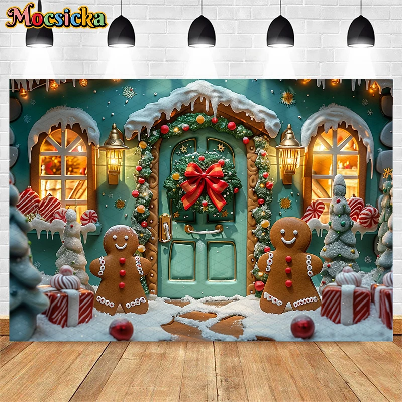 Mocsicka Photography Background Christmas Gingerbread House Winter Xmas Tree Kids Family Portrait Decor Backdrop Photo Studio