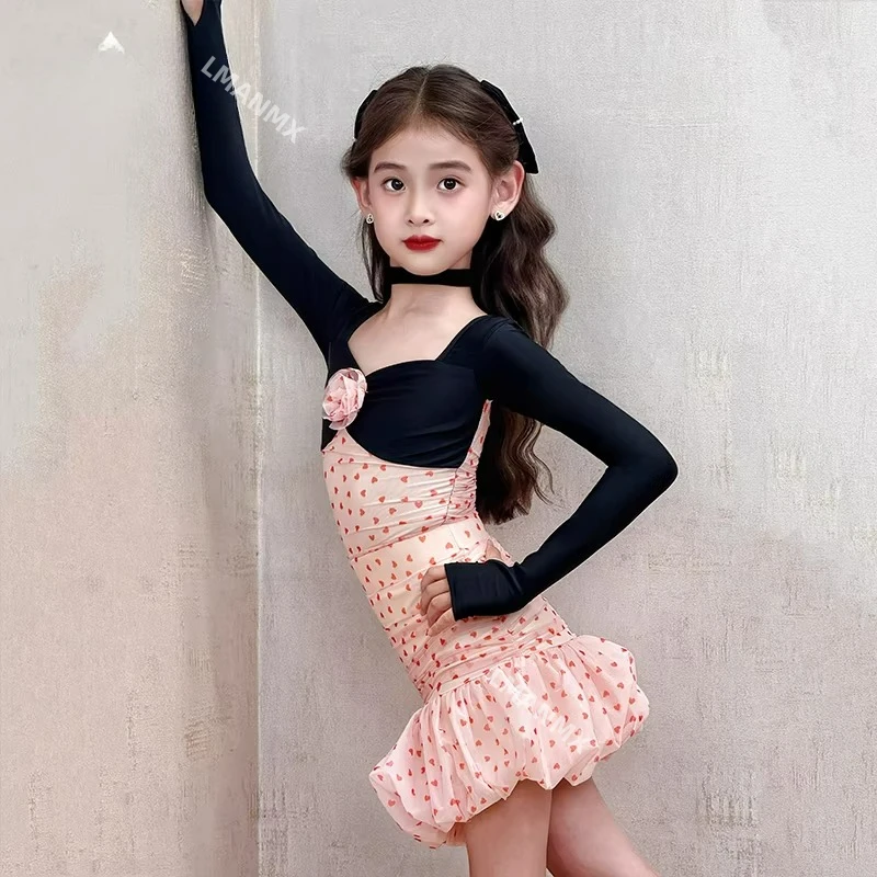 Herfst/winter nieuwe Latin-dansjurk voor kinderen, hoogwaardige oefenjurk met lange mouwen
