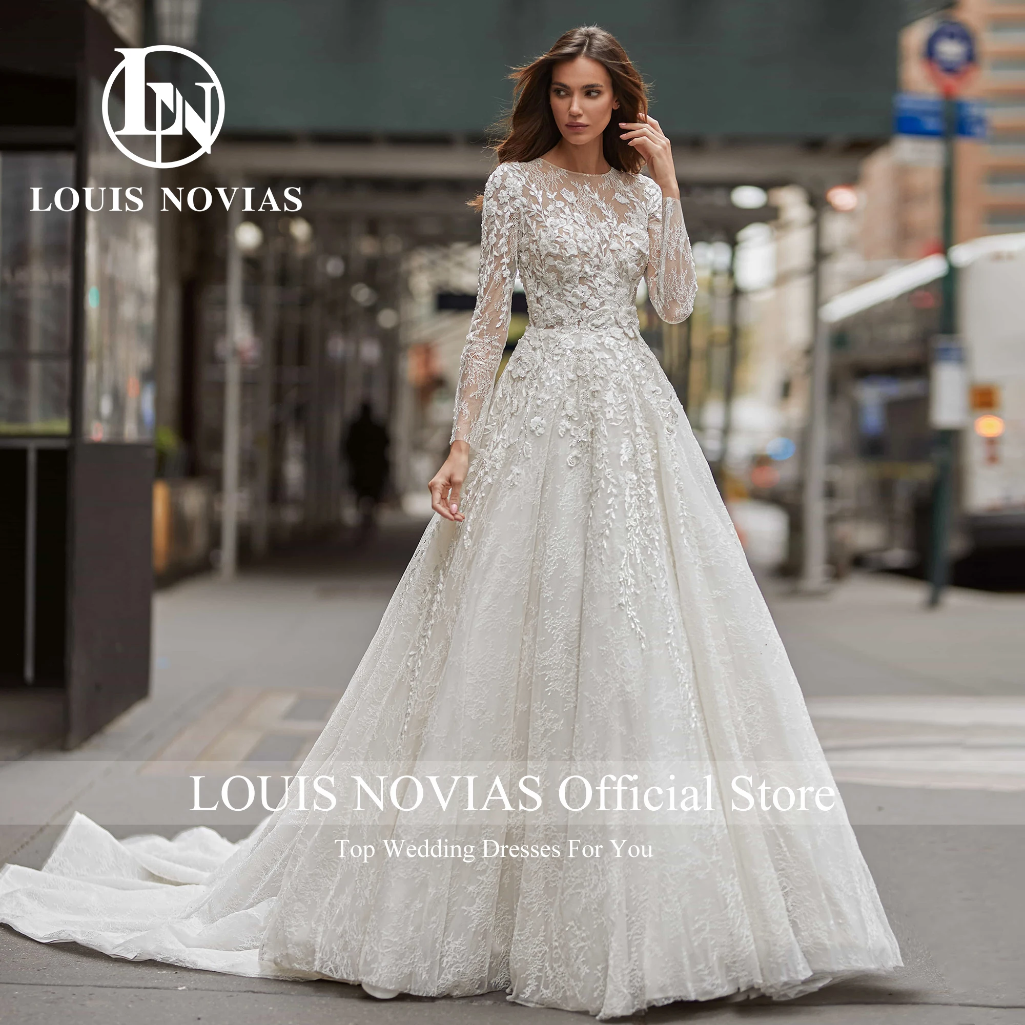 LOUIS NOVIAS Abiti da sposa a-line SCOOP Paillettes Illusion Che borda Manica lunga Pennello Treno Abito da sposa Abiti da sposa