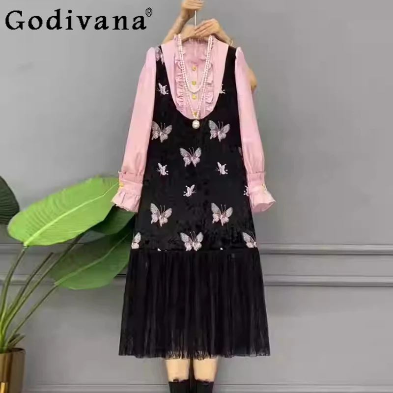 

Женское платье большого размера на весну-осень с воротником-стойкой, длинными рукавами, в корейском стиле, с принтом бабочки, модное, универсальное, милое, с эффектом двухслойности