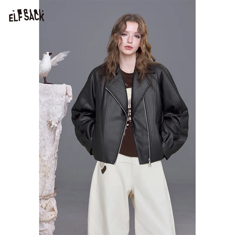 ELFSACK 2025 وصل حديثًا سترة شتوية متماسكة بألوان متباينة مع قلنسوة وسحاب أمامي للنساء