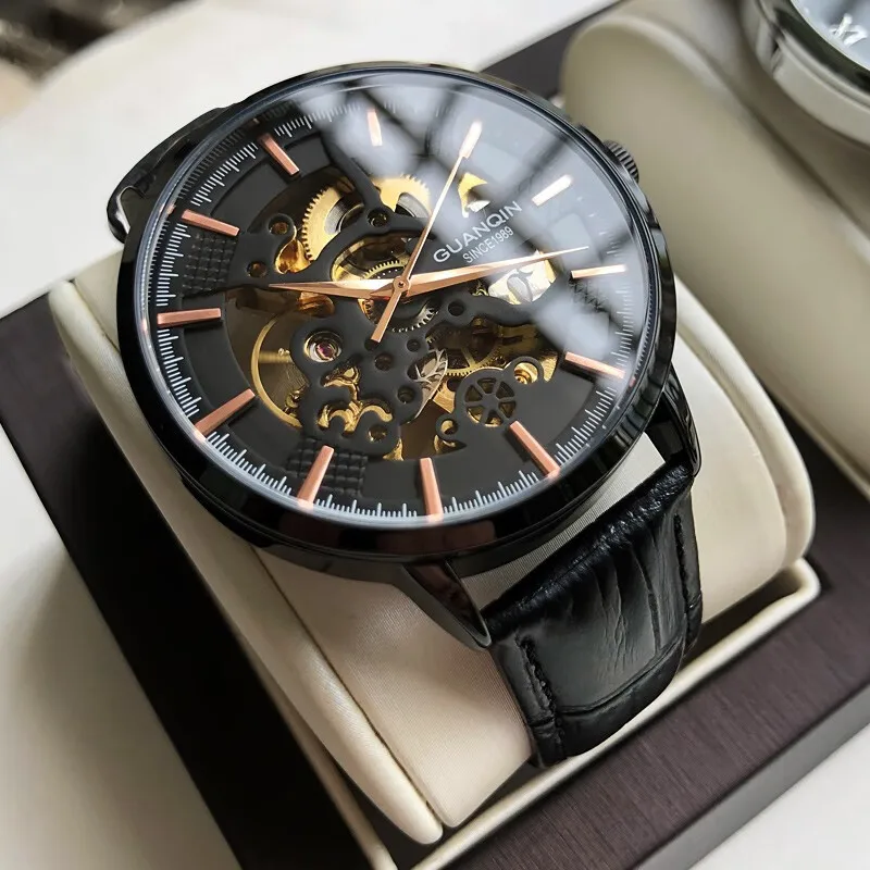 GUANQIN Waterproof Watch Skeleton Dial Trends Classic Self Winding Men Automatic Mechanical Watch Suitable For Festivals, Dating