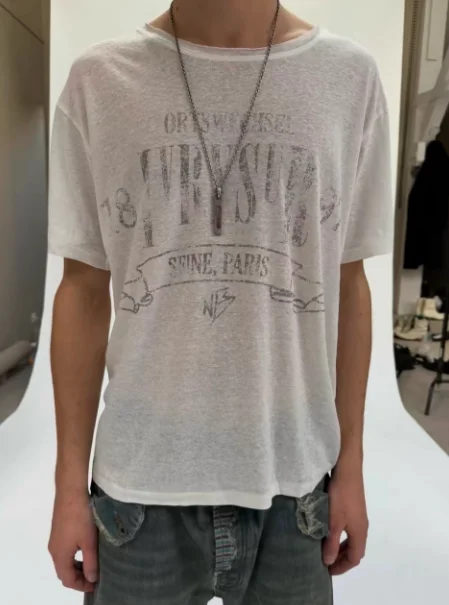 Vintage Washed Grey Letter Print Bamboo Slub Linen Cotton Lightweight Short Sleeve T-shirt