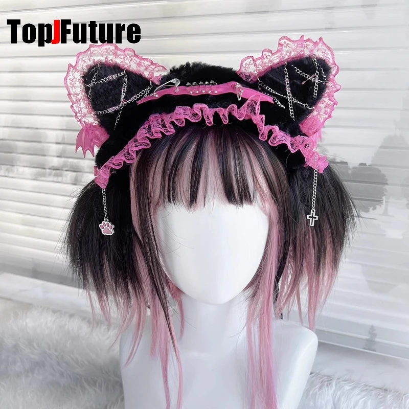 Women's lace y2k girls Gothic Lolita cosplay Harajuku wings lace headband with cat ears headband Lolita punk cosplay headband 5