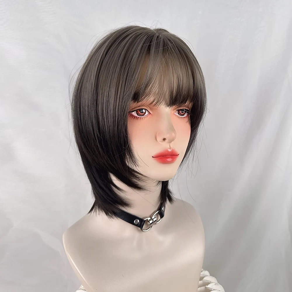 الاصطناعية قصيرة مستقيم أومبير براون شعر مستعار مع الانفجارات لوليتا تأثيري المرأة شعر مستعار رقيق مقاومة للحرارة للحزب اليومي