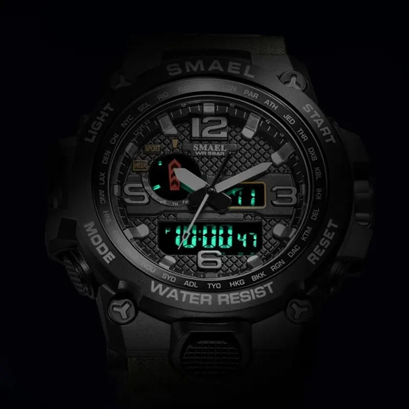 SMAEL New Sport Watch Mens 50M Waterproof Clock Alarm 1545D Dual Display Wristwatch Quartz Military Watches For Men