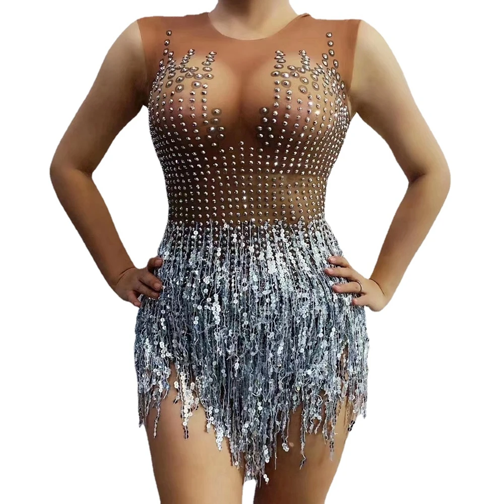 Sparkly strass paillettes frange body per le donne Sexy Performance Dance Costume Nightclub Outfit Show Stage body