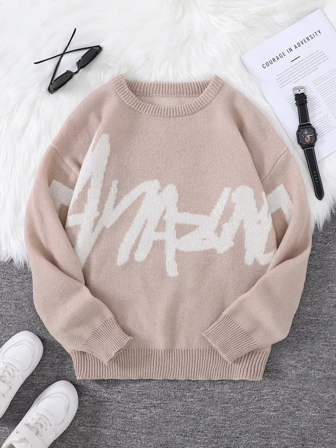 Nowy popularny sweter męski z dzianiny w kontrastowym kolorze na wiosnę i jesień z żakardowym wzorem w stylu graffiti