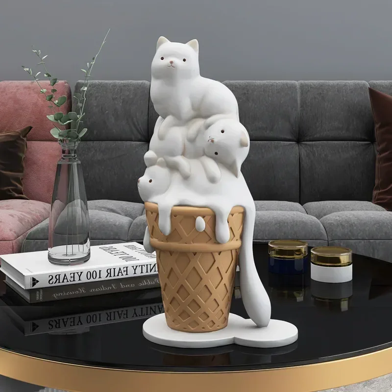 Creative Cute Ice Cream Cat Resin Adornments Coffee Milk Tea Shop Sculpture Decoration Home Livingroom Porch Figurines Crafts