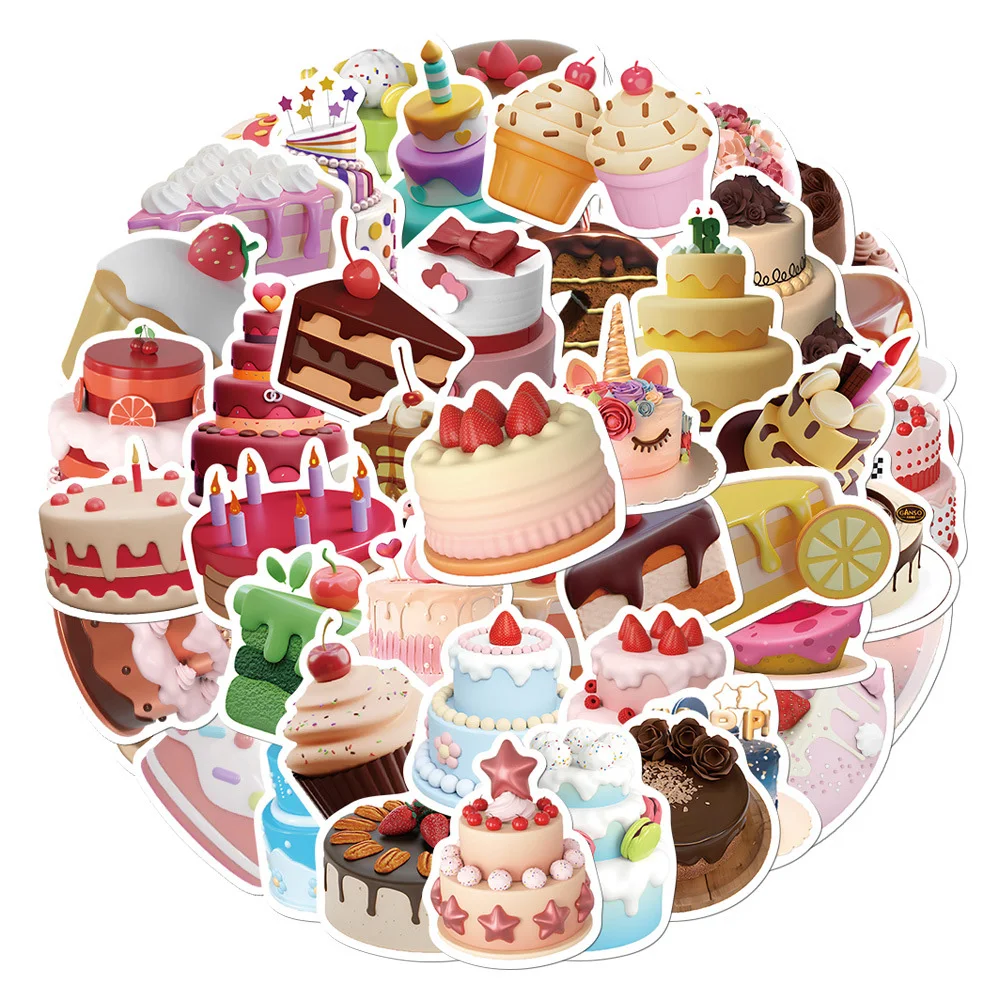 

10/30/50pcs Kawaii 3D Vision Birthday Cake Cartoon Stickers for Laptop Scrapbooking Water Bottle PVC Graffiti Sticker Decal Pack