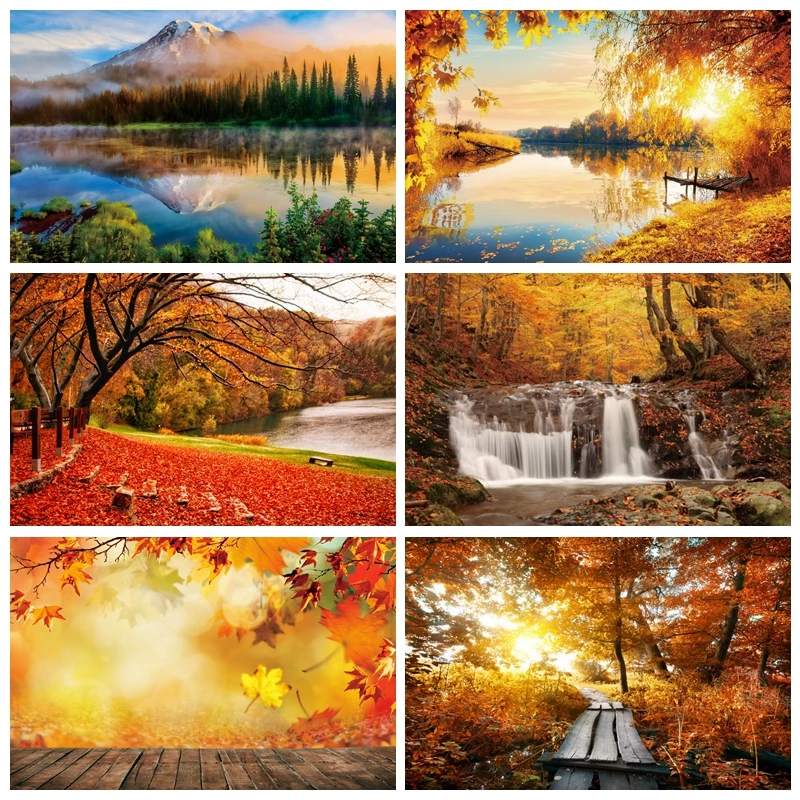 

Autumn Scenic Backdrops Fall Yellow Forest Maple Trees Leaves Road Natural Landscape Photography Background Photo Studio Props