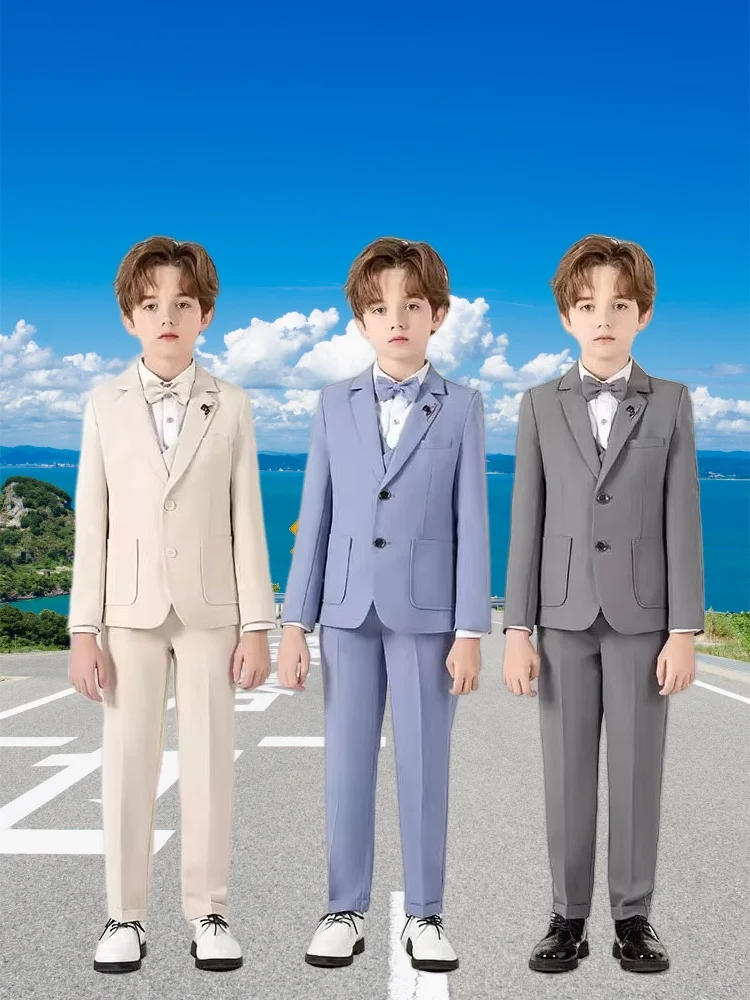 

Boys Spring White Beige 5Pieces/Set Jacket Vest Pants Bowtie Brooch Photography Suit Kids Wedding Dress Children Party Costume