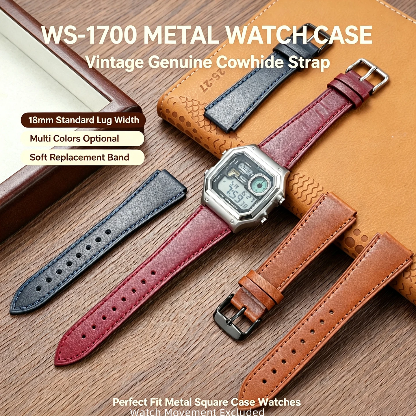 Silver Black Stainless Steel Case Crack Retro Leather Strap Mod Kit For Casio WS-1700 Replacement bezel Band Upgrade Accessories