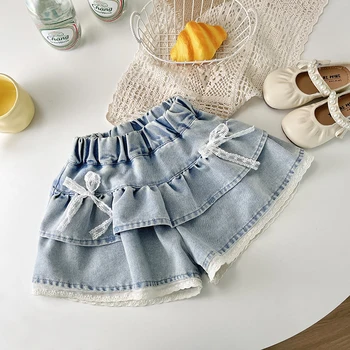 Girls Denim Lace-Trimmed Tiered Skirt 3 Girls' Denim Lace-Trimmed Multi-Layered Tiered Skirt 3