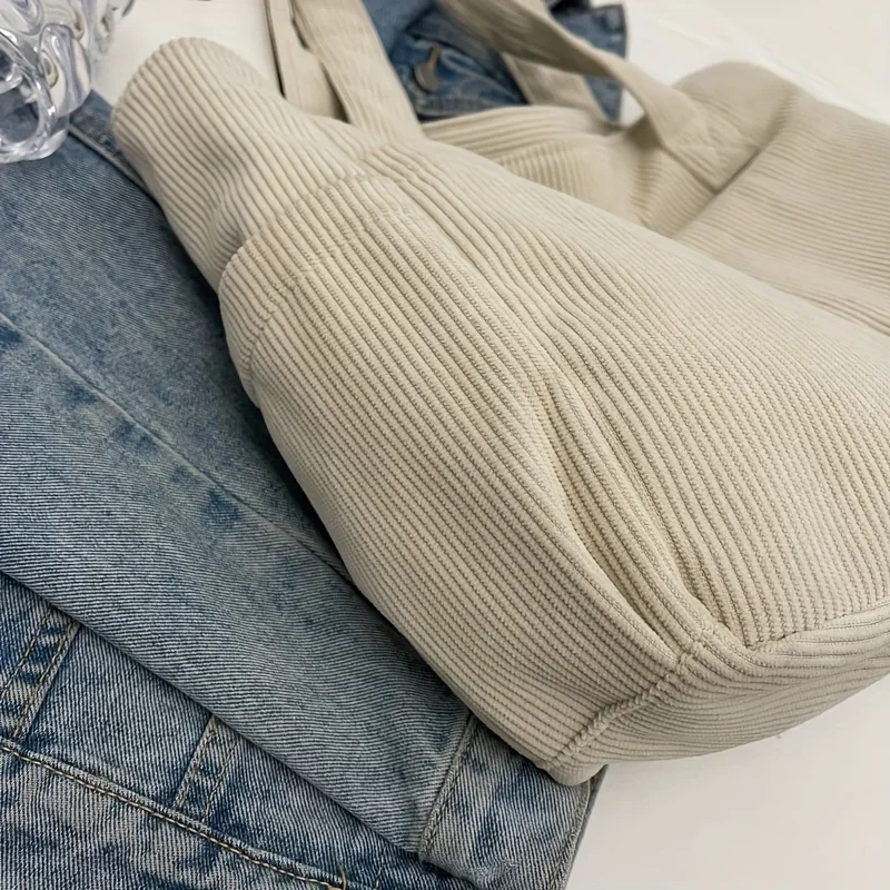 Bolsa tote de veludo feminina de grande capacidade, casual, listrada, bolsa de ombro com alças fixas, bolsa com zíper para deslocamento diário