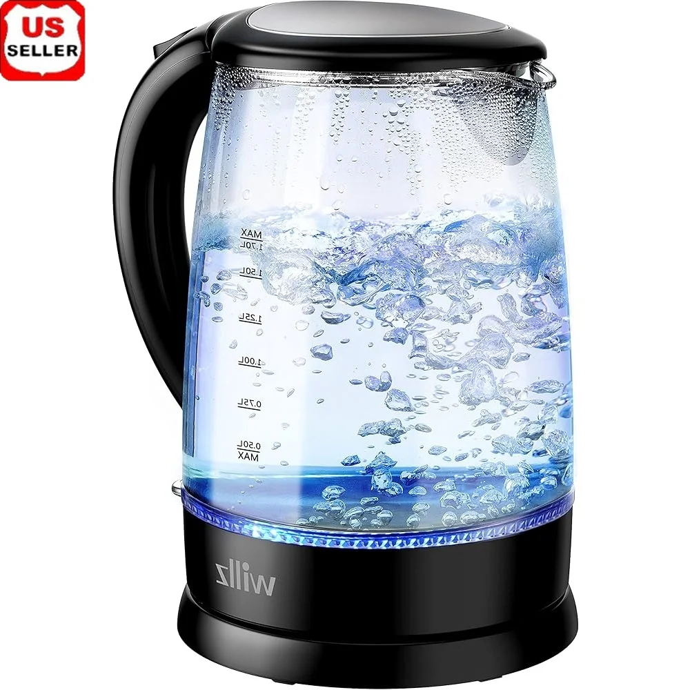 

Electric Glass Kettle 1.7L Cordless Quick Boil Auto Shut Off Heat Resistant Handle Boil Dry Protection with Blue LED Light