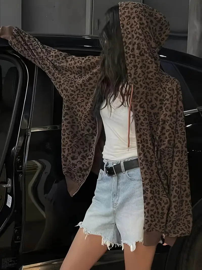 Women's Leopard Print Zipper Hoodie Loose Casual Long Sleeved Jacket Streetwear Comfortable Loose Fit Zip up Hoodie