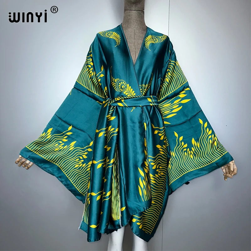 WINYI البوهيمي طباعة كيمونو ملابس الشاطئ النساء لباس سباحة التستر ماكسي سترة غرزة حزام الذاتي عطلة كم طويل طباعة معطف