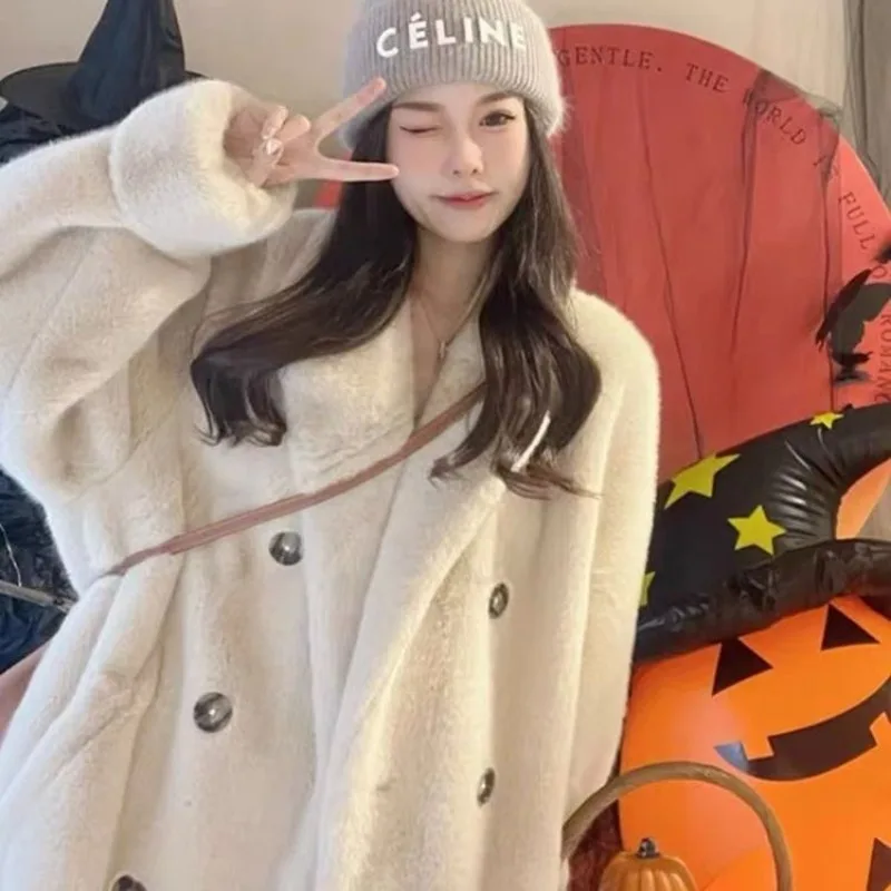 Suit collar long coat autumn winter imitation rabbit fur thickened warm temperament advanced environmentally friendly fur jacket