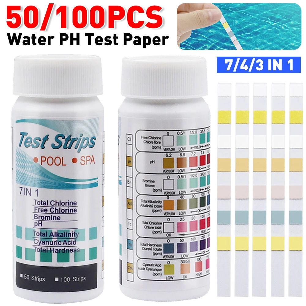 50/100pcs 3/6/7 in 1 Swimming Pool PH Test Paper Multipurpose Chlorine/PH/Bromine Test Strips Swimming Pool Water Tester Paper