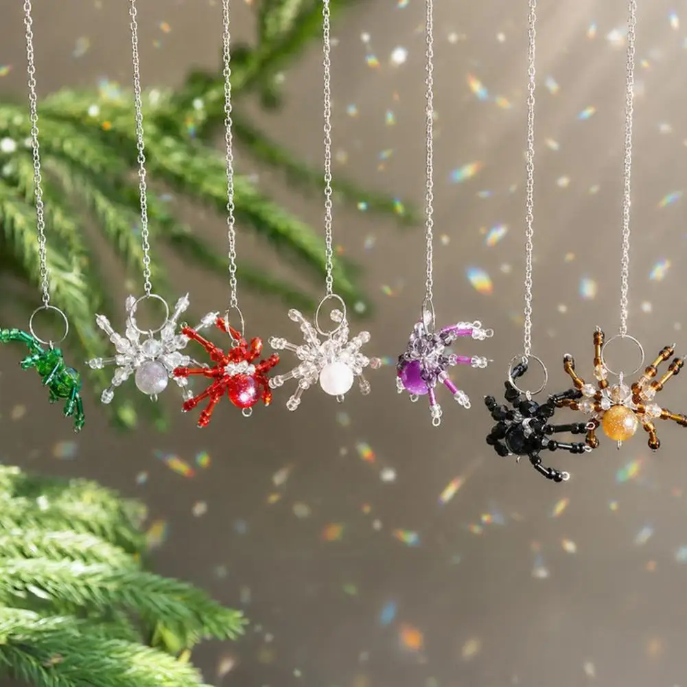 Sun Catcher Decorations 7 Pcs Faux Spider Ornaments Glitter Beaded Hanging Decorations Sparkly Window Suncatchers for Halloween