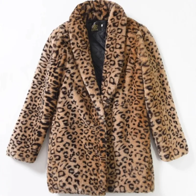 Leopard Mid Long Faux Fur Coat Stylish Women's Furry Jackets Notched Collar Casual Plush Coat Winter Thick Warm Fluffy Cardigans