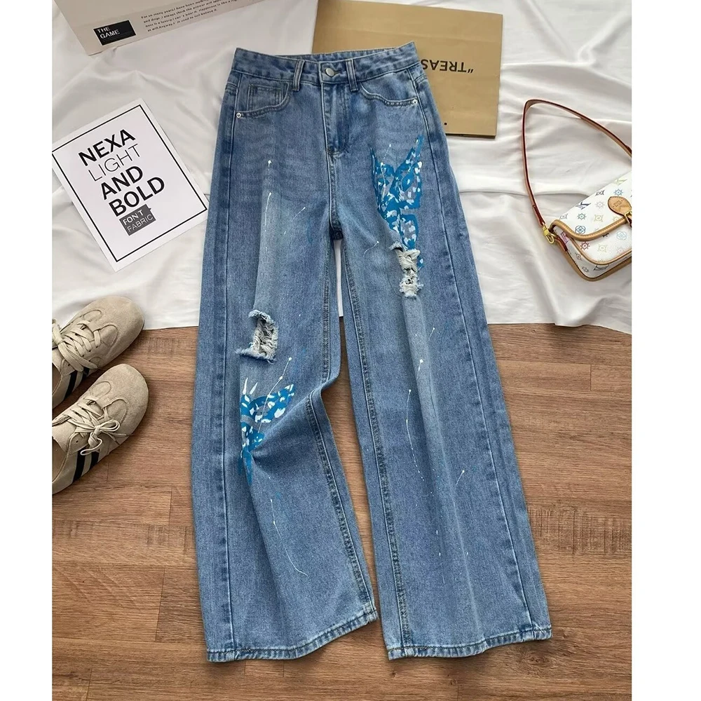Retro Light Blue Wide Leg Ripped Jeans for Women Trendy Butterfly Print Paint Splatter Denim Pants Casual Loose Straight Jeans