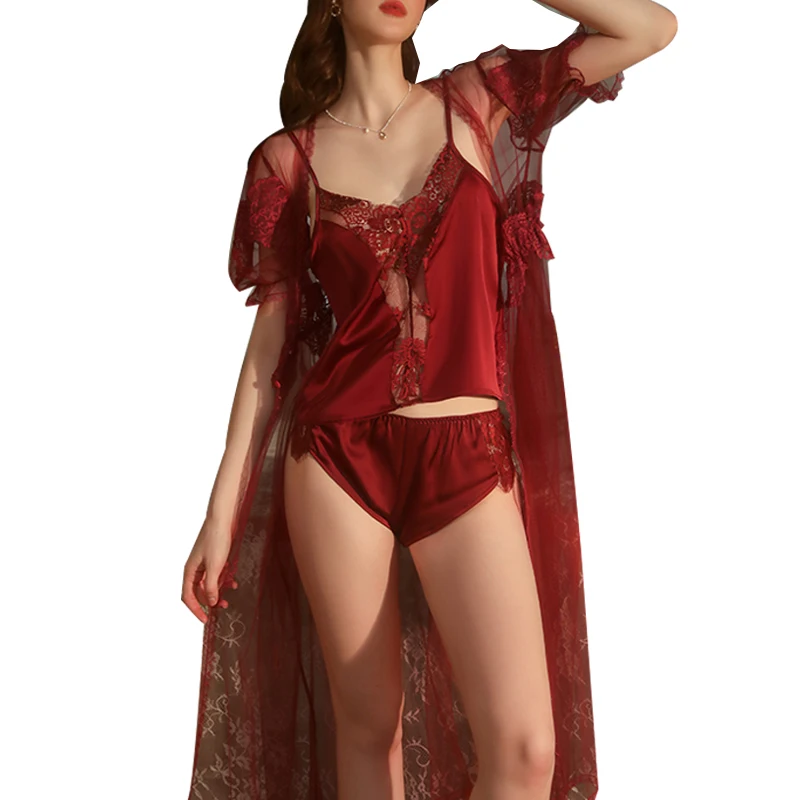 Sexy Mousse Women Sexy Nightgown Lace Perspective Temptation Pajamas Women\'s Suspenders Shorts Two-piece Robe Home Clothes Suit