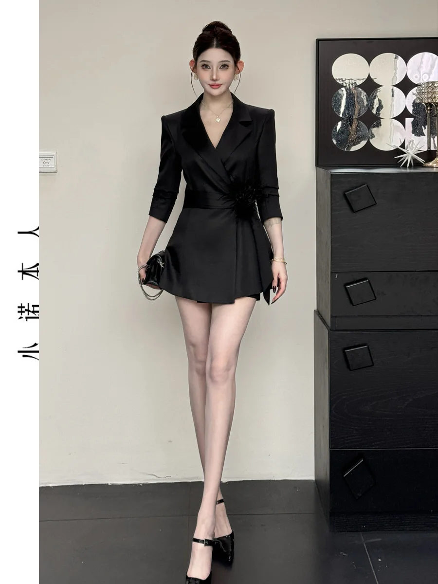 

Slim Fit Pure Color Satin Jaet Women's Midi Length Waist Cinched Suit Dr Commute Sle Long Sve Single Button Closure