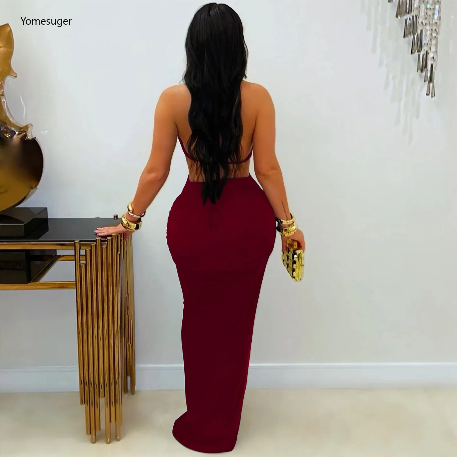 Yomesugar Women Deep V-neck Metallic Decoration Bodycon Maxi Dress Sexy Cut Out Ruched Backless Skinny Birthday Party Clubwear