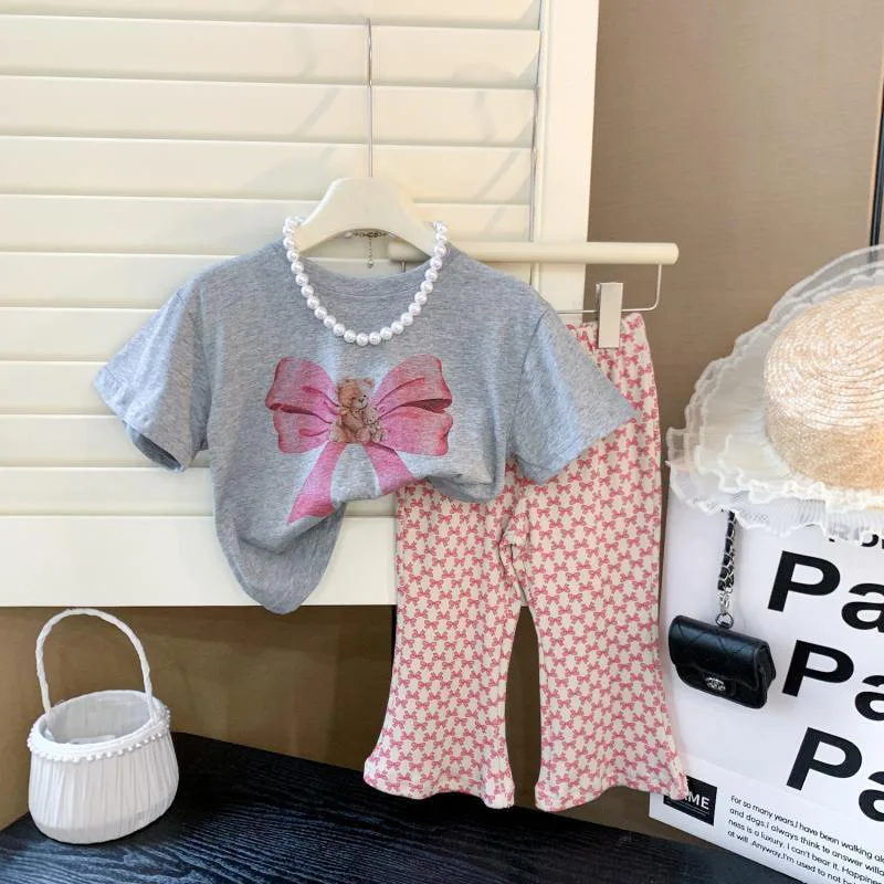 Summer Baby Girls Clothes Set Fashion Short Sleeve T-shirts and Pants 2pcs Suit Children Bow Knot Plaid Top Bottom Outfits