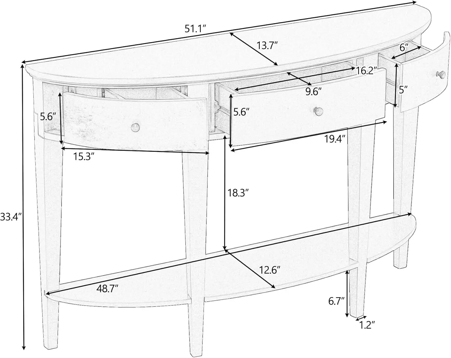 Curved Console Table 51-Inch Half Moon Entry Sofa Table with Drawers and Open Storage Shelf for Living Room Entryway Hallway