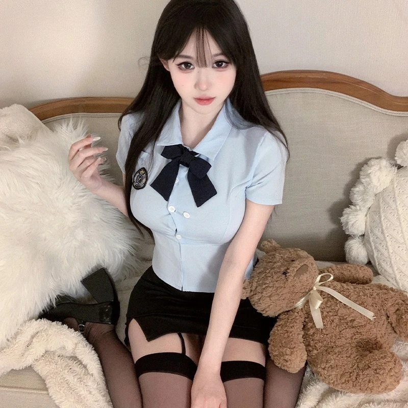 ชุดคอสเพลย์ตำรวจหญิง เสื้อเชิ้ตสีฟ้าหวาน แขนสั้น ทรงเข้ารูป สไตล์หรูหรา ประดับโบว์น่ารัก เหมาะสำหรับฤดูร้อน