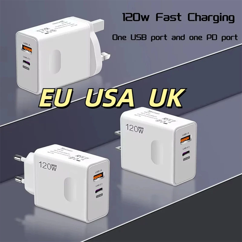 120W Fast Charger USB Type C PD Cable Fast Charging Quick Charge 3.0 Adapter Adapter For Mobile Phone EU US UK Plug Charging