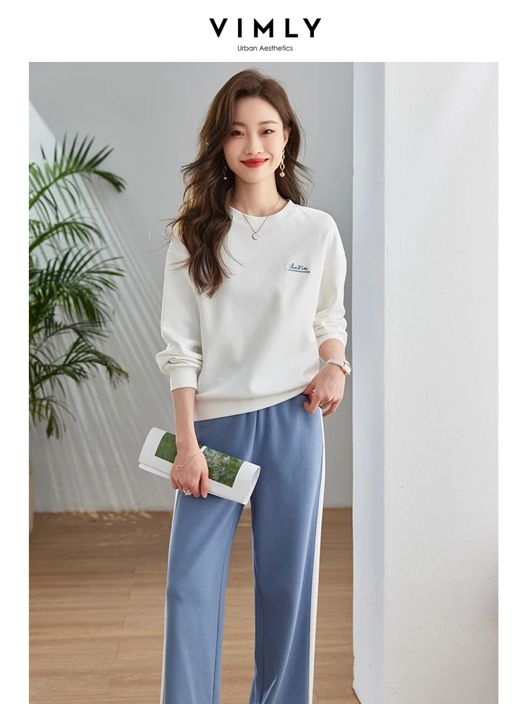 Vimly Loose Fit White Sweatshirt Tracksuit Two Piece Sets for Women 2023 Autumn Casual Outfits Elastic Waist Wide Sweat Pants