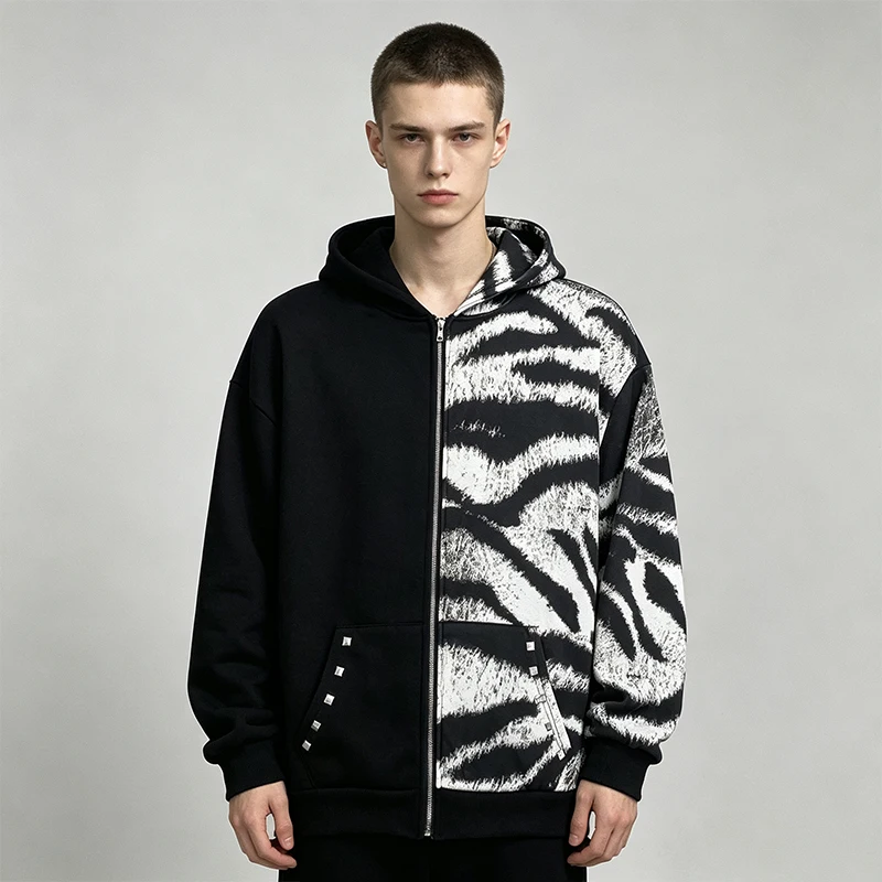 Unisex Zebra Pattern Asymmetric Splicing Zipper Hoodie with Rivet Decoration Large Loose Y2K Hip Hop Street Style Hoodie