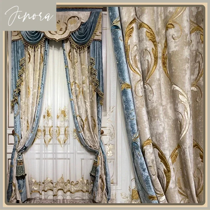 High-end Luxury Villa European-Americancurtains For Living Room And Bedroom Blackout Curtains Custom Blue Embroidered Curtain