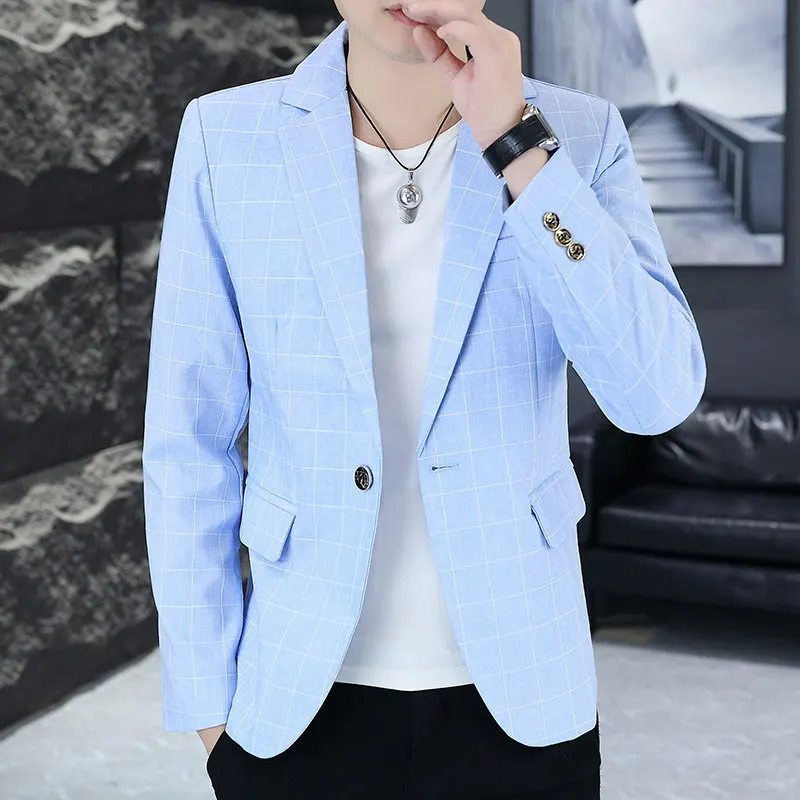 

Осенний новый мужской клетчатый маленький костюм в Корейском стиле, молодежный приталенный повседневный модный деловой костюм из полиэстера, вискозного волокна