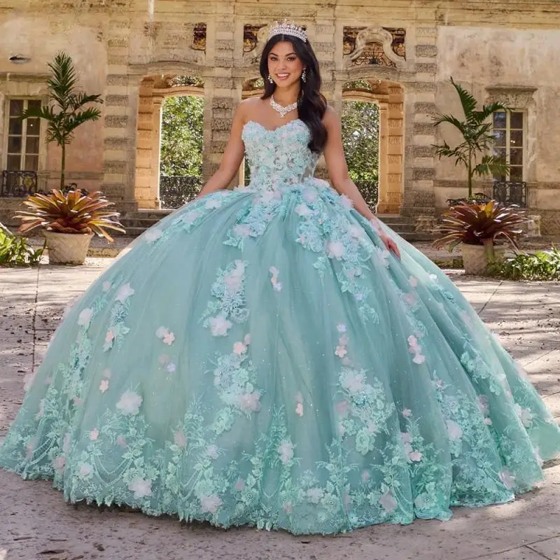 

Customized Water Blue Shiny Quinceanera Dress Flower Applique Court Train Saudi Arabric Vestido De Formatura Graduaction