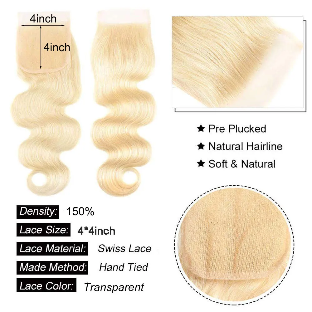 613 Blonde Body Wave Human Hair Lace Closure Pre Plucke 4x4 Tranparent Lace Closure Only 13x4 Lace Frontal Human Hair Extensions