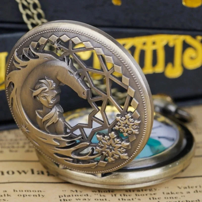 Anime Girl and the Flying Dragon Quartz Pocket Watch Color Dial Skeleton Fob Watches Friend Children Gift Clock Necklace Chain