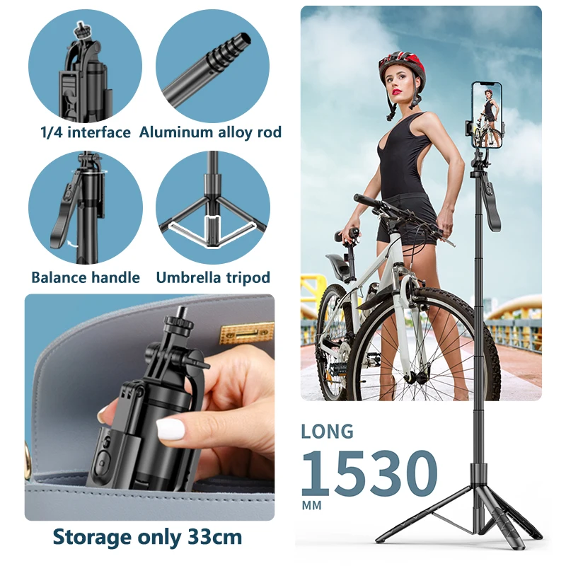 L16 1530mm Drótnélküli selfie botot Háromlábú állni foldable monopod számára profivá Akció Kamera smartphones Áthozás Állandó lövöldözős Beszállásol